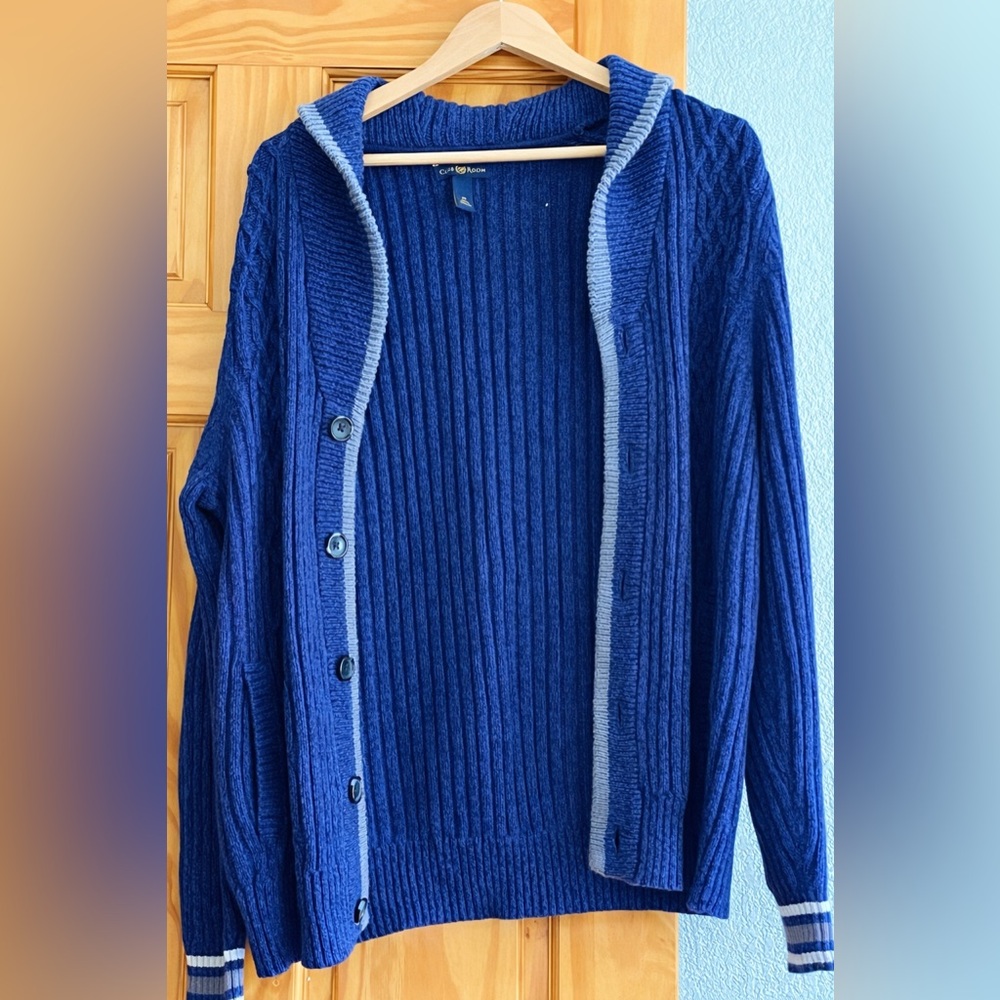 Club Room Navy Blue Hooded Cable Cardigan with Light Blue Trim